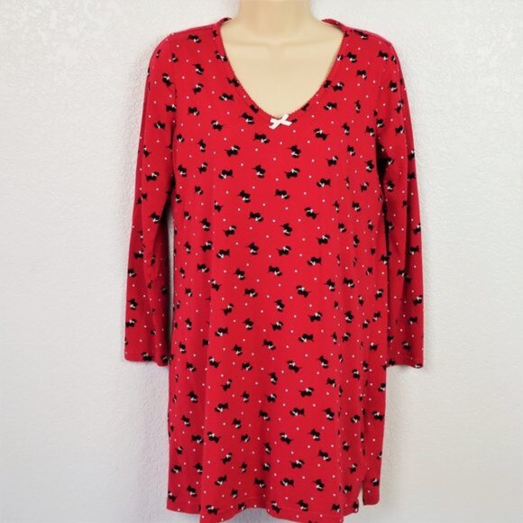 Charter Club Small Sleep Shirt Red & Black Scottie Dog V-Neck Bow Cotton - Picture 1 of 5